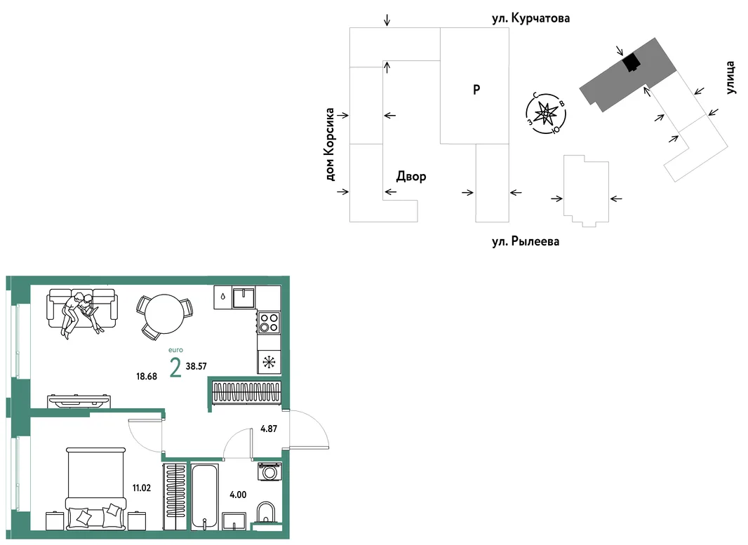 Планировка 2-комн. квартира, 38.75 м² ЖК «Остров-сад»