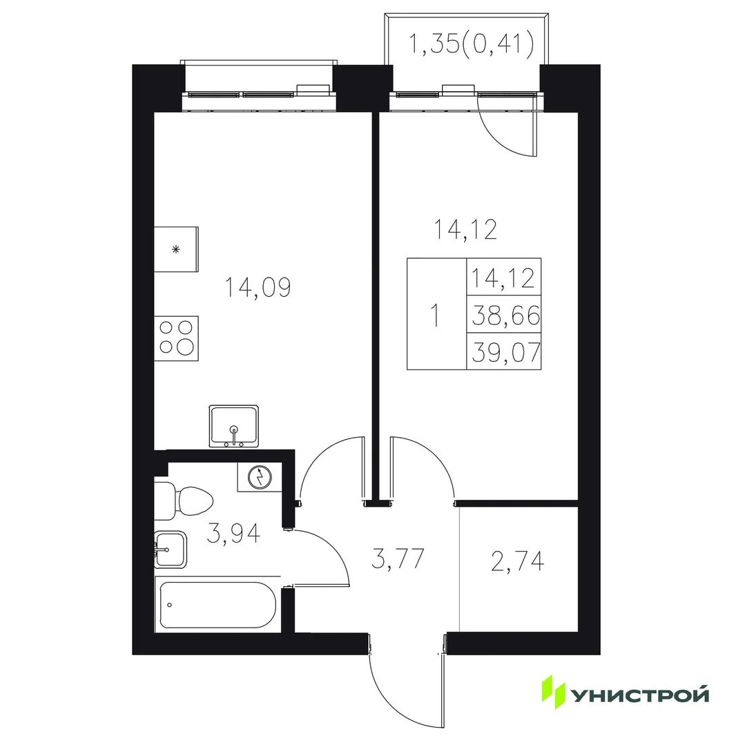 Планировка 1-комн. квартира, 39.07 м² ЖК «Statum»