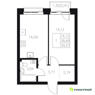 Планировка 1-комн. квартира, 39.07 м² ЖК «Statum»