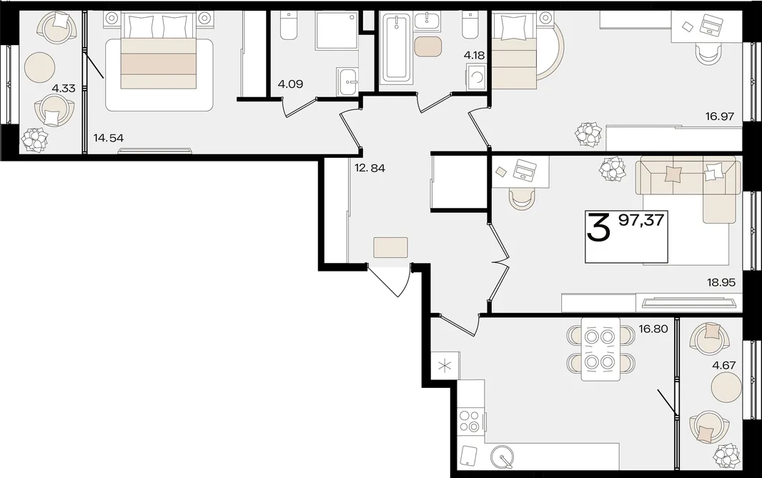Планировка 3-комн. квартира, 96.86 м² ЖК «Патрики»