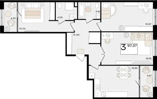 Планировка 3-комн. квартира, 96.86 м² ЖК «Патрики»
