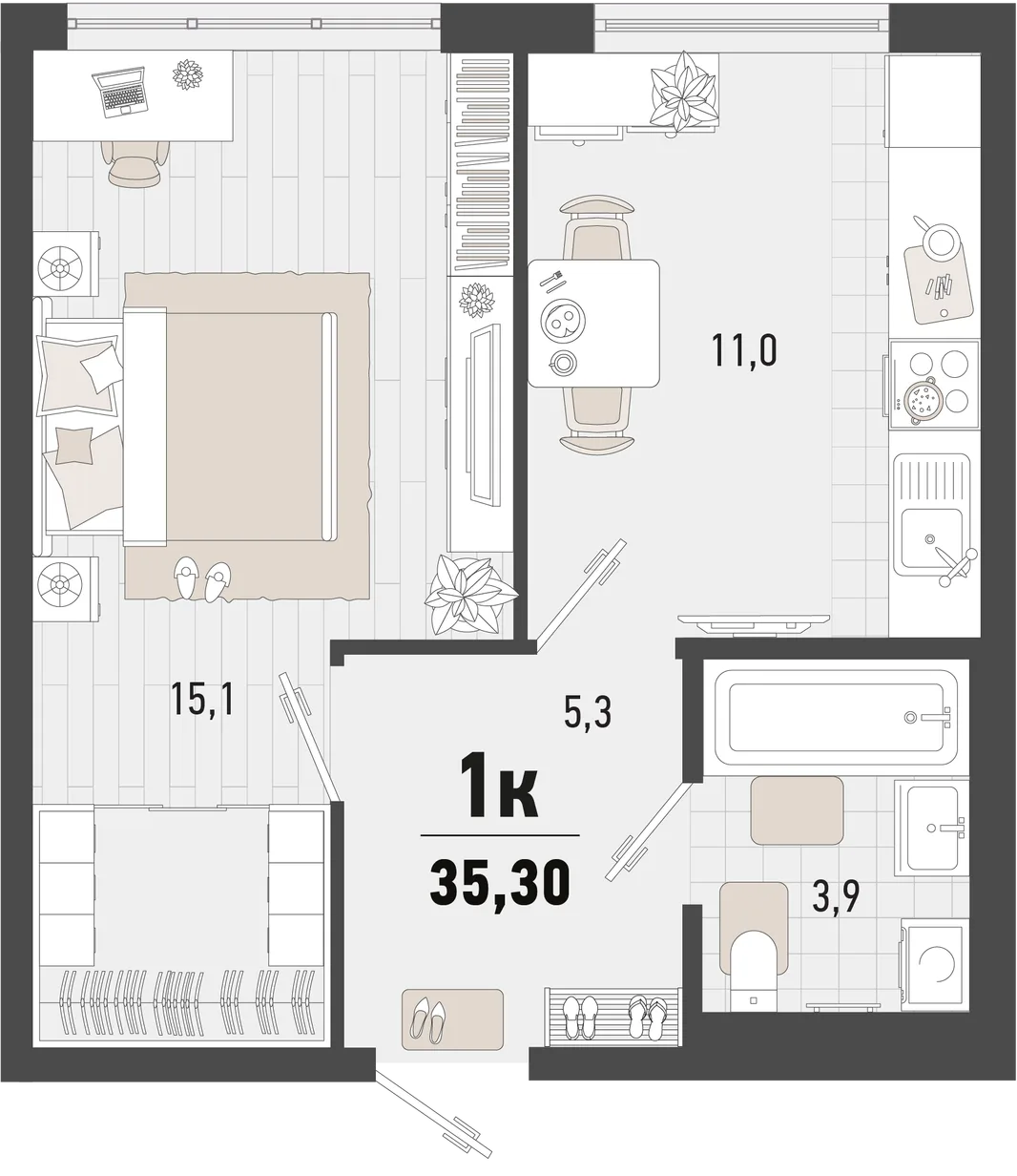 Планировка 1-комн. квартира, 35.3 м² ЖК «Барса»