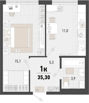 Планировка 1-комн. квартира, 35.3 м² ЖК «Барса»
