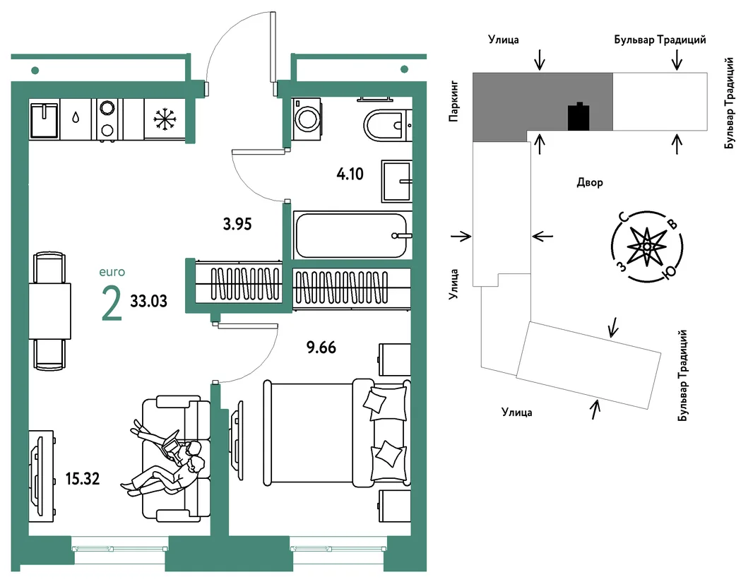 Планировка 2-комн. квартира, 33.03 м² ЖК «Микрорайон Домашний»