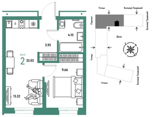 Планировка 2-комн. квартира, 33.03 м² ЖК «Микрорайон Домашний»
