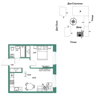 Планировка 2-комн. квартира, 42.03 м² ЖК «Европейский берег 2.0»