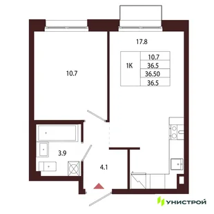 Планировка 1-комн. квартира, 36.5 м² ЖК «Лисино»