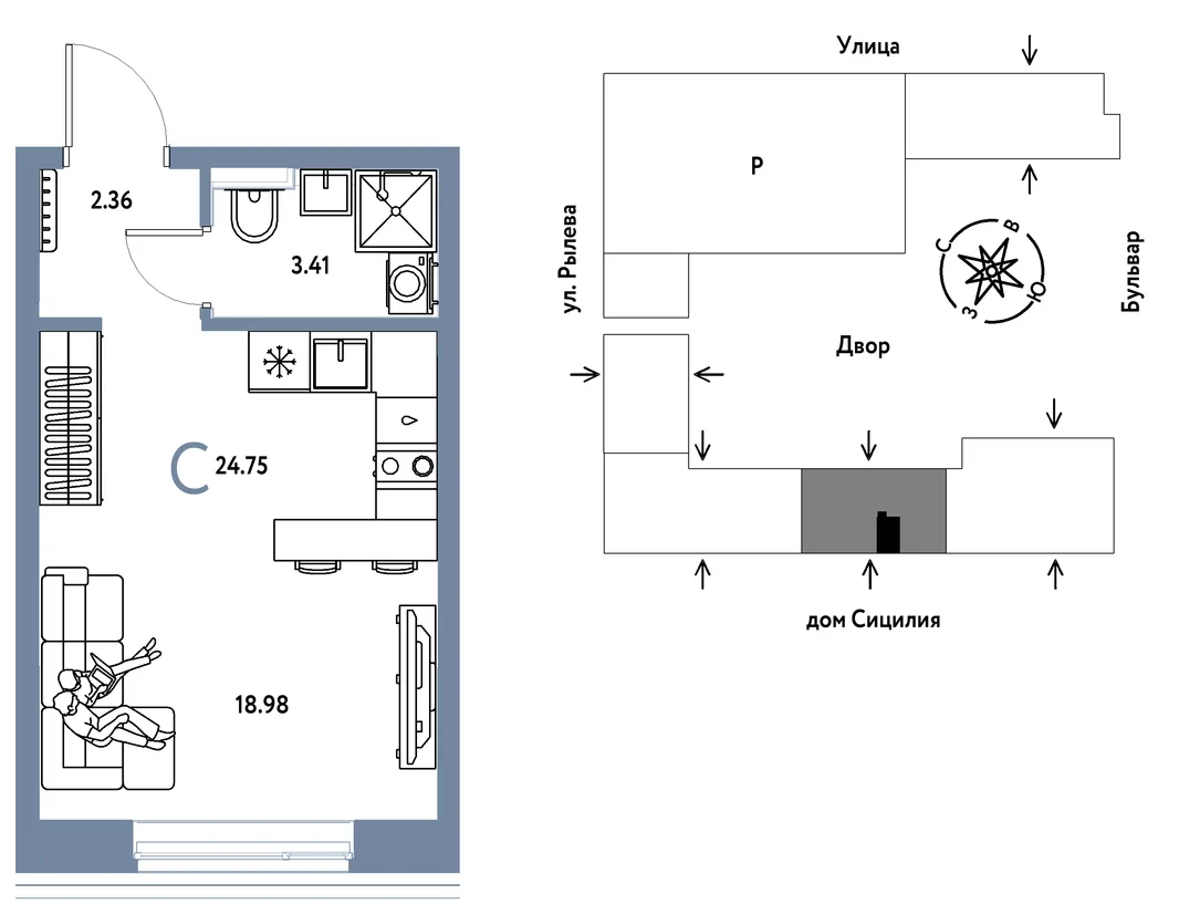 Планировка Студия, 24.75 м² ЖК «Остров-сад»