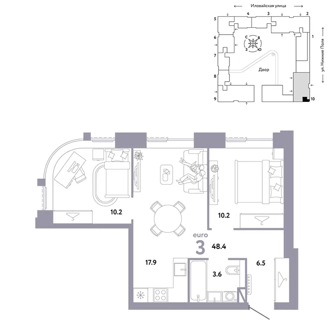 Планировка 3-комн. квартира, 48.4 м² ЖК «Страна.Заречная» Планировка 3-комн. квартира, 48.4 м² ЖК «Страна.Заречная»