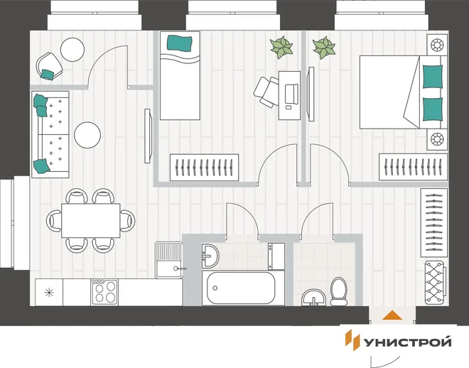 Планировка 2-комн. квартира, 51.74 м² ЖК «Аквамарин» Планировка 2-комн. квартира, 51.74 м² ЖК «Аквамарин»