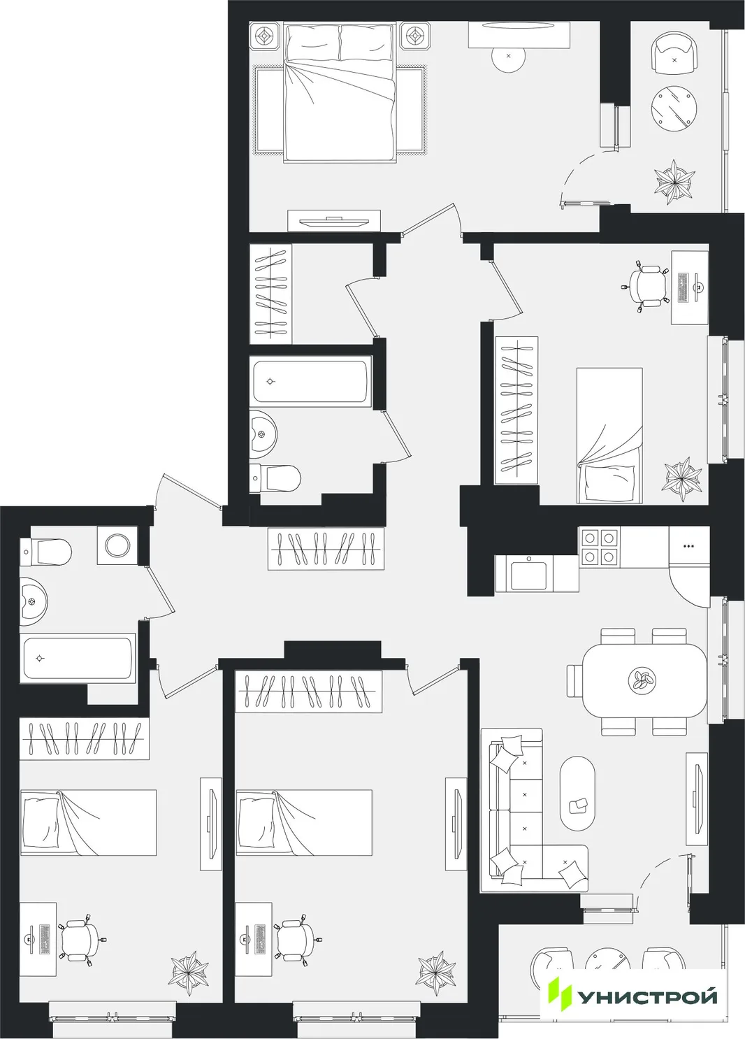 Планировка 1-комн. квартира, 44.44 м² ЖК «Уникум на Ленинском»