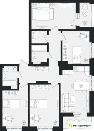 Планировка 1-комн. квартира, 44.44 м² ЖК «Уникум на Ленинском»