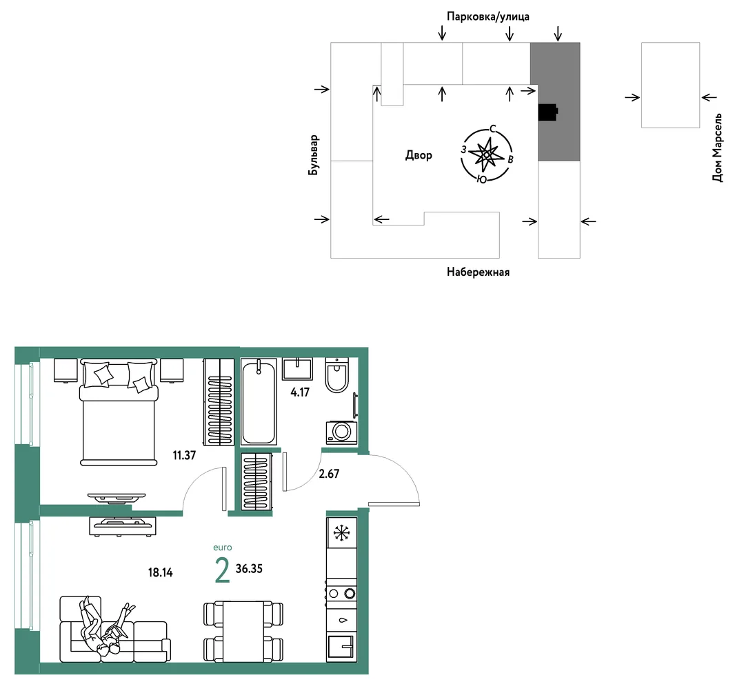Планировка 2-комн. квартира, 36.35 м² ЖК «Европейский берег 2.0»
