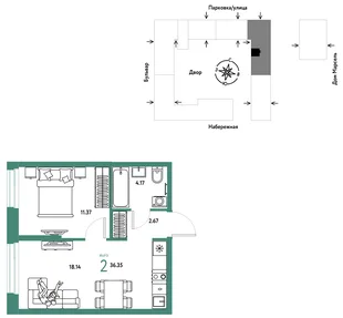 Планировка 2-комн. квартира, 36.35 м² ЖК «Европейский берег 2.0»