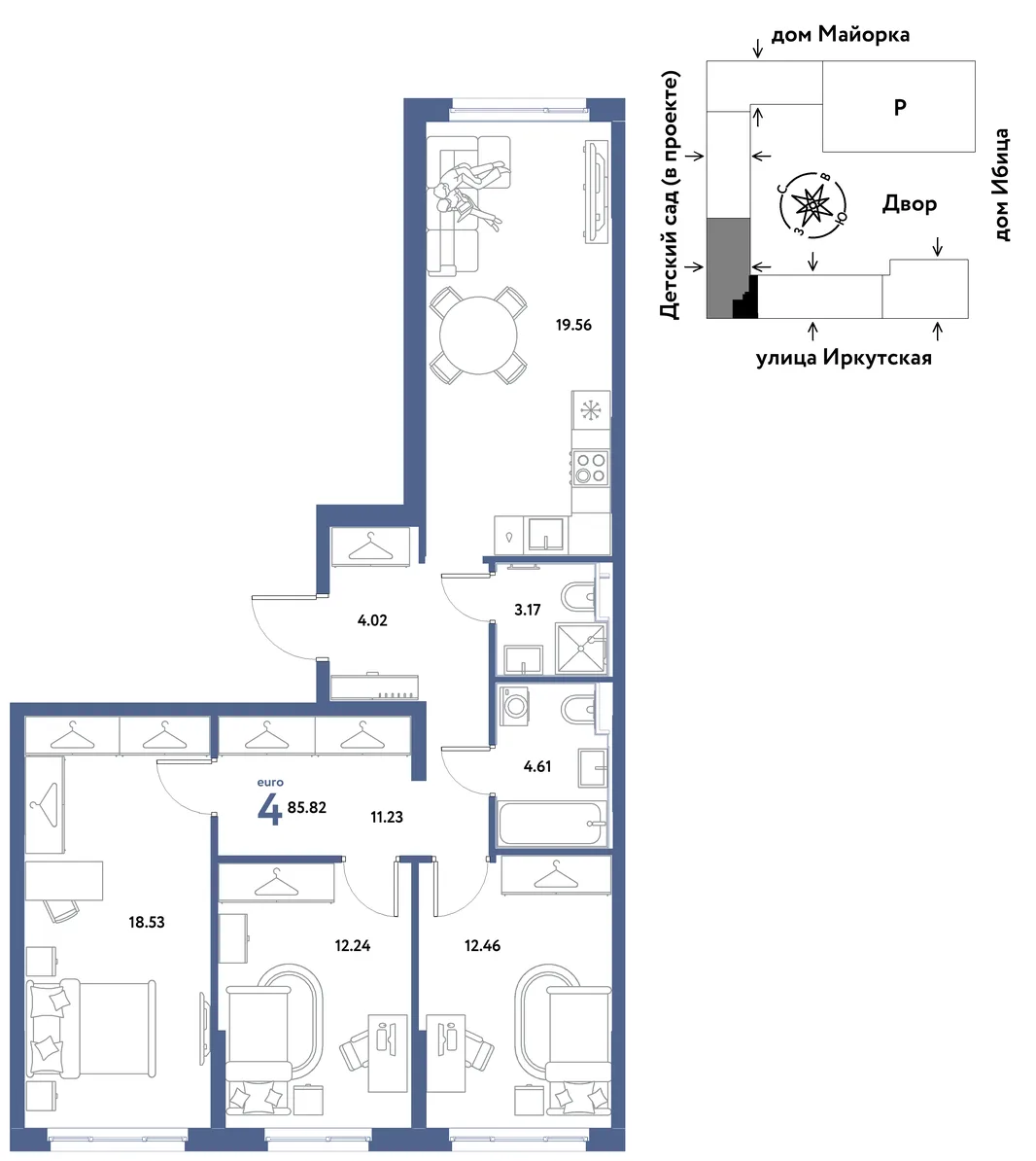 Планировка 4-комн. квартира, 85.82 м² ЖК «Остров-сад»