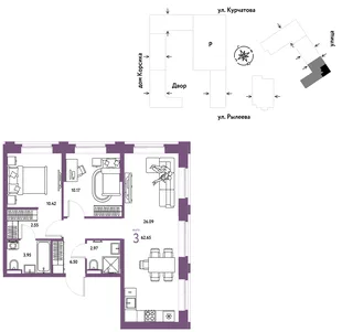 Планировка 3-комн. квартира, 62.99 м² ЖК «Остров-сад»