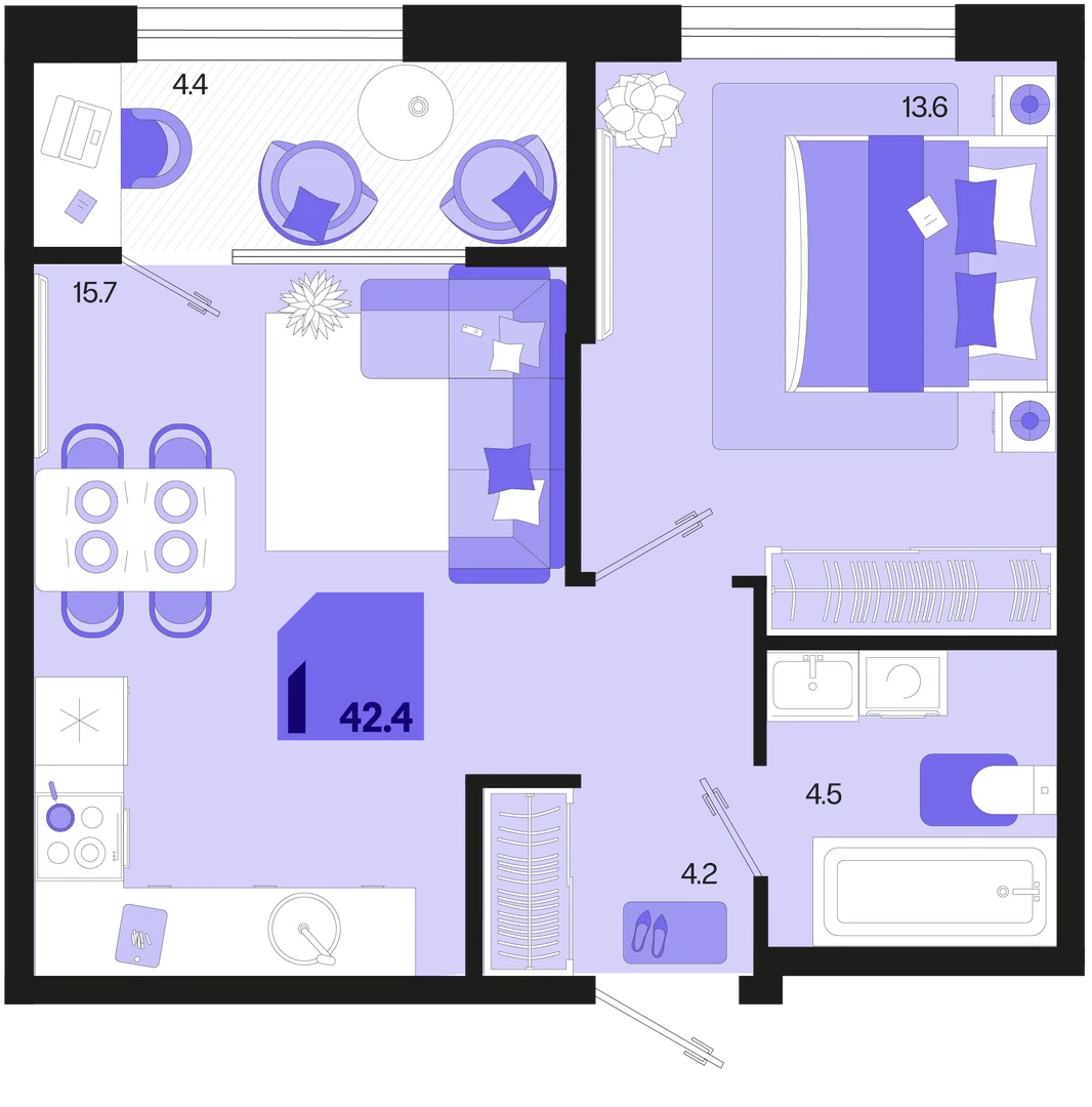 Планировка 1-комн. квартира, 42.4 м² ЖК «Первое место»