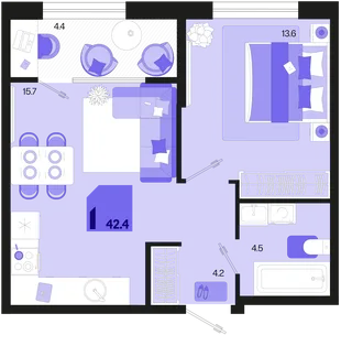 Планировка 1-комн. квартира, 42.4 м² ЖК «Первое место»