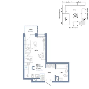 Планировка Студия, 27.32 м² ЖК «Юнион»