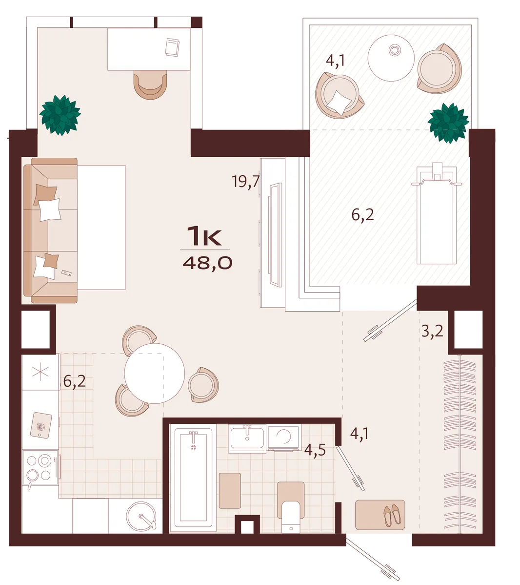 Планировка 1-комн. квартира, 48 м² ЖК «Роялта»
