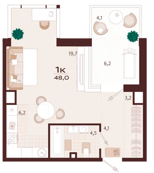 Планировка 1-комн. квартира, 48 м² ЖК «Роялта»