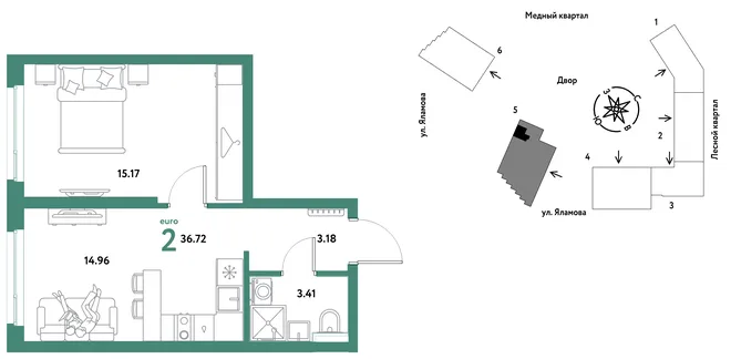 Планировка 2-комн. квартира, 36.72 м² ЖК «Сибирский сад» Планировка 2-комн. квартира, 36.72 м² ЖК «Сибирский сад»