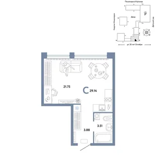 Планировка Студия, 29.14 м² ЖК «Сердце Сибири»
