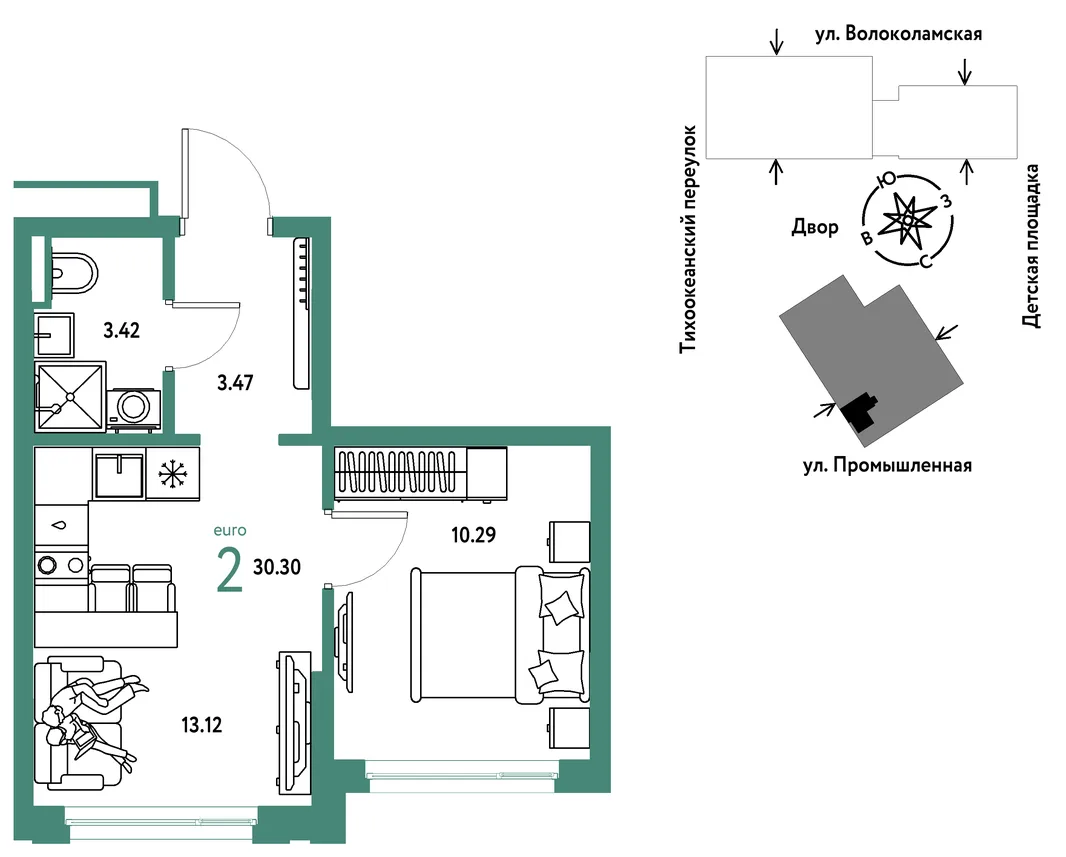 Планировка 2-комн. квартира, 30.3 м² ЖК «Страна Прибрежная»