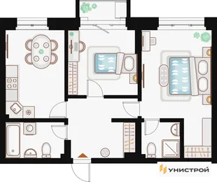 Планировка 2-комн. квартира, 61.82 м² ЖК «Жилой кластер Q на Кулагина»