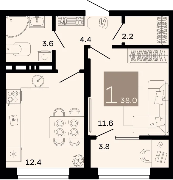Планировка 1-комн. квартира, 38 м² ЖК «Хозяин морей»