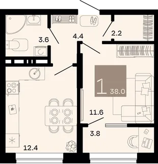 Планировка 1-комн. квартира, 38 м² ЖК «Хозяин морей»