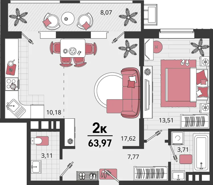 Планировка 2-комн. квартира, 63.97 м² ЖК «Родные просторы»