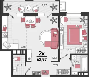 Планировка 2-комн. квартира, 63.97 м² ЖК «Родные просторы»