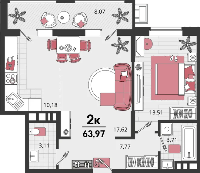 Планировка 2-комн. квартира, 63.97 м² ЖК «Родные просторы» Планировка 2-комн. квартира, 63.97 м² ЖК «Родные просторы»