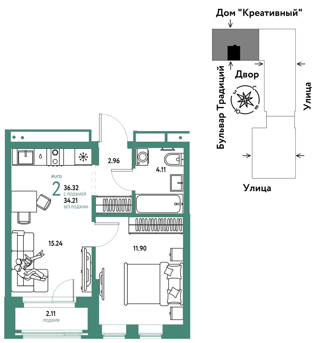 Планировка 2-комн. квартира, 36.32 м² ЖК «Микрорайон Домашний»