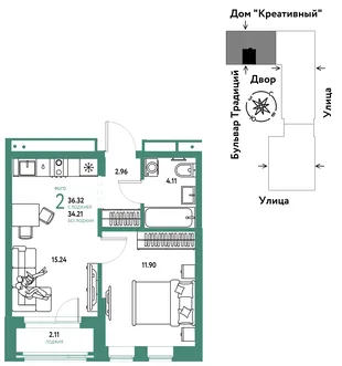 Планировка 2-комн. квартира, 36.32 м² ЖК «Микрорайон Домашний»
