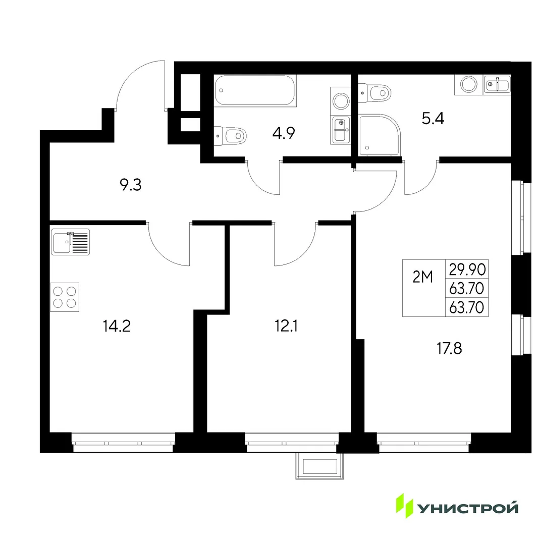 Планировка 2-комн. квартира, 63.7 м² ЖК «Стадиум»