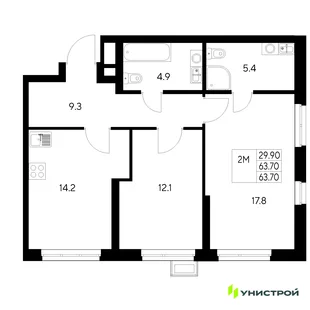 Планировка 2-комн. квартира, 63.7 м² ЖК «Стадиум»