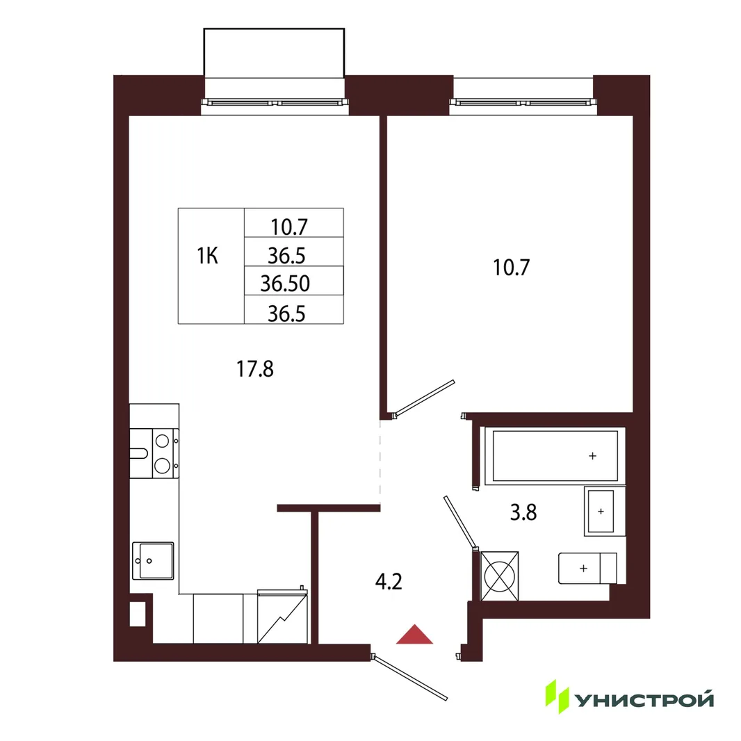 Планировка 1-комн. квартира, 36.5 м² ЖК «Лисино»