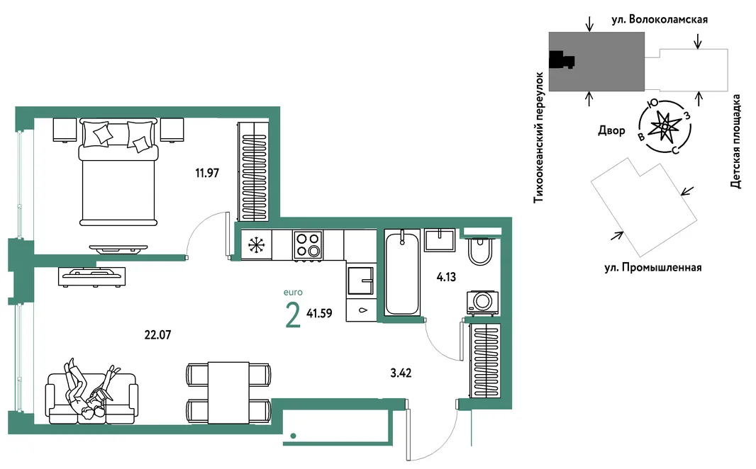 Планировка 2-комн. квартира, 41.59 м² ЖК «Страна Прибрежная»