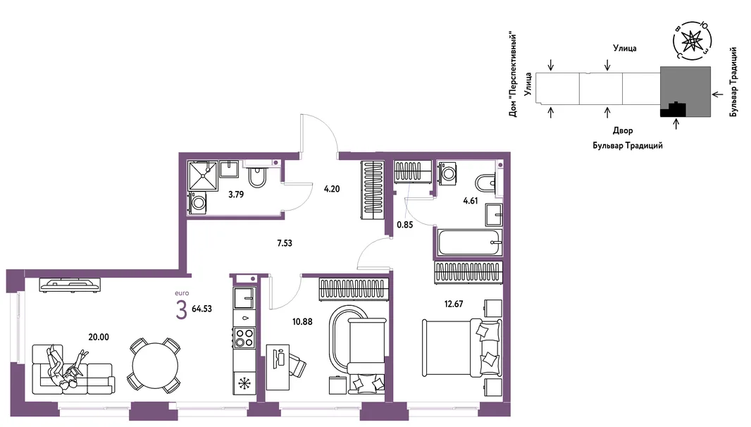Планировка 3-комн. квартира, 64.64 м² ЖК «Микрорайон Домашний»