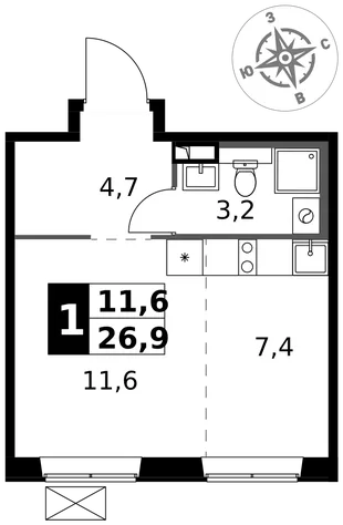Квартира Студия, 26.9 м² ЖК «1-й Южный» Фото 1 Квартира Студия, 26.9 м² ЖК «1-й Южный» Фото 1