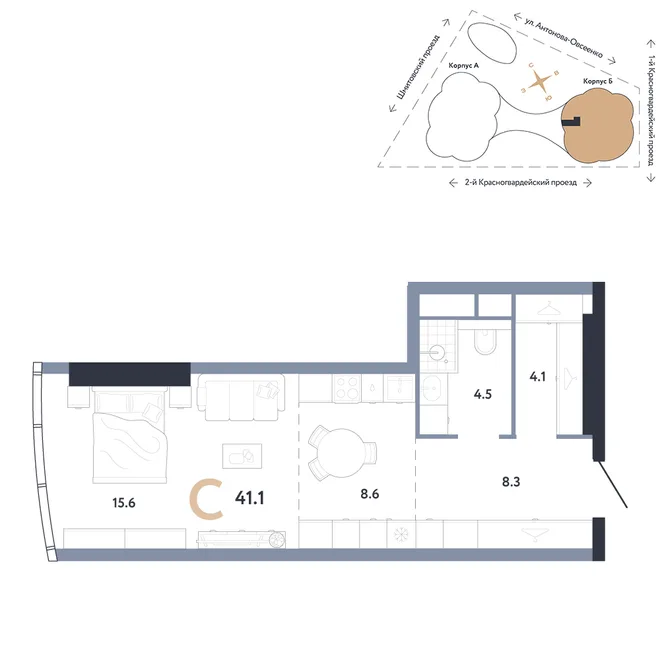 Планировка Студия, 41.1 м² ЖК «АУРУС Резиденции» Планировка Студия, 41.1 м² ЖК «АУРУС Резиденции»