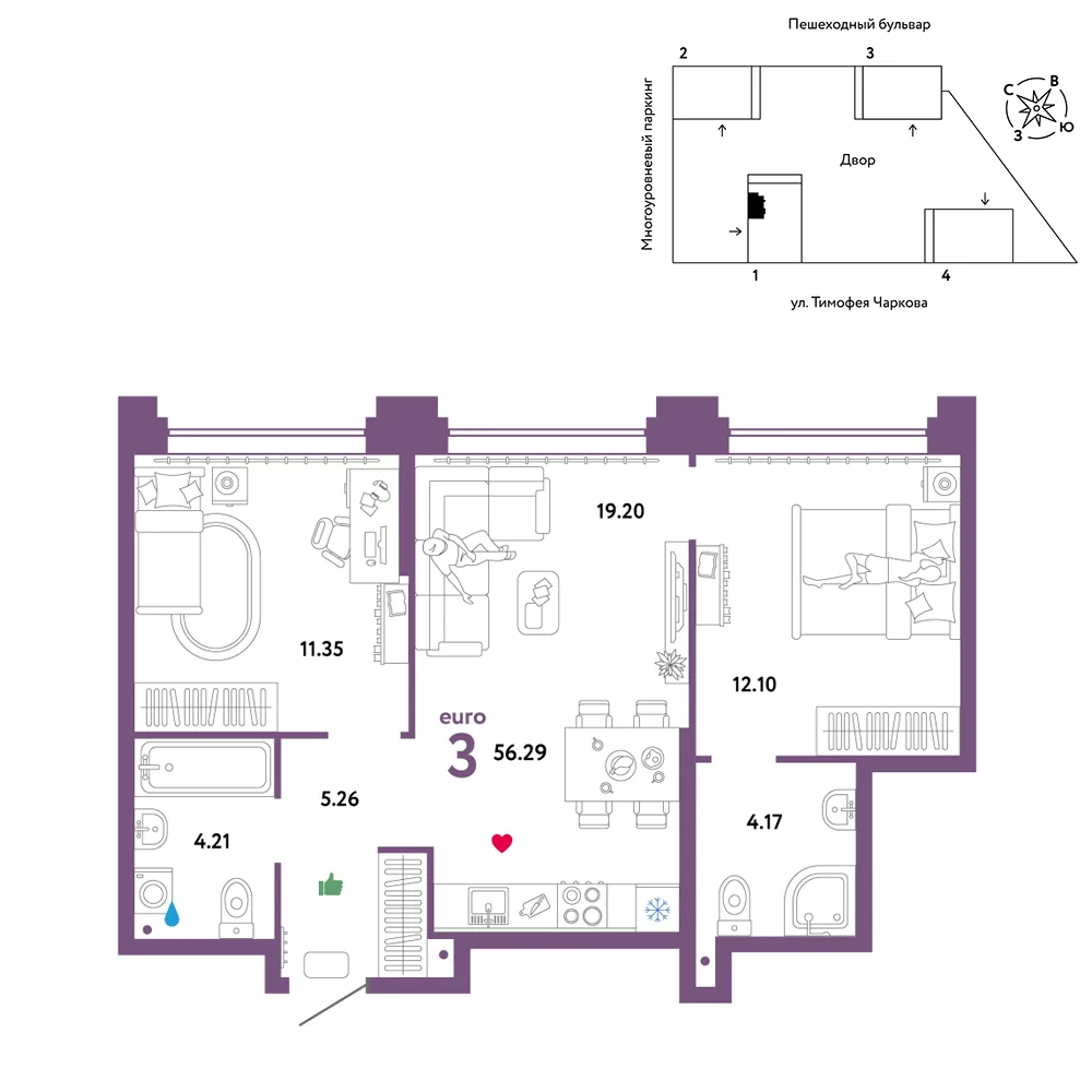 Планировка 3-комн. квартира, 56.29 м² ЖК «Микрорайон Звездный»