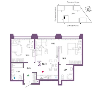 Планировка 3-комн. квартира, 56.29 м² ЖК «Микрорайон Звездный»