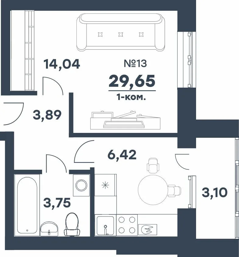 Планировка 1-комн. квартира, 29.65 м² ЖК «мкр. Долина»
