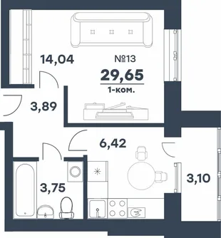 Планировка 1-комн. квартира, 29.65 м² ЖК «мкр. Долина»