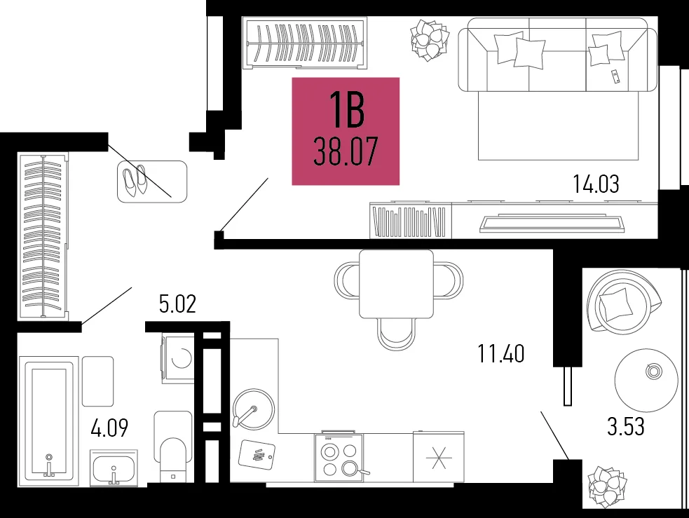 Планировка 1-комн. квартира, 38.07 м² ЖК «Столицыно»
