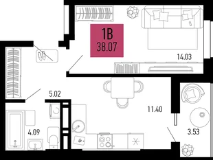 Планировка 1-комн. квартира, 38.07 м² ЖК «Столицыно»