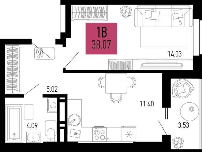 Планировка 1-комн. квартира, 38.07 м² ЖК «Столицыно» Планировка 1-комн. квартира, 38.07 м² ЖК «Столицыно»